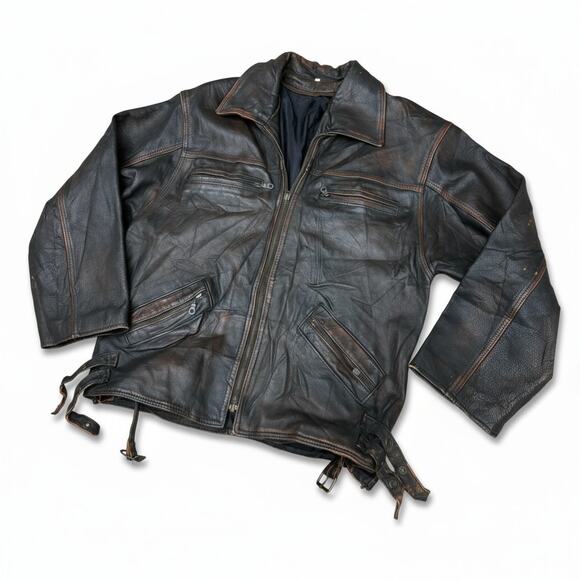 Vintage Brown Leather Racing Jacket—Distressed Moto Heritage (80s–90s Era) Sz. M - Picture 2 of 16